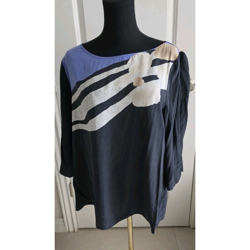 Tahari 100% Silk Top Blue Beige Colorblock Abstract Artsy Lagenlook  Boho SZ L